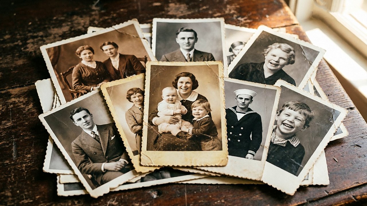 Pile de photos de famille anciennes sur une table en bois